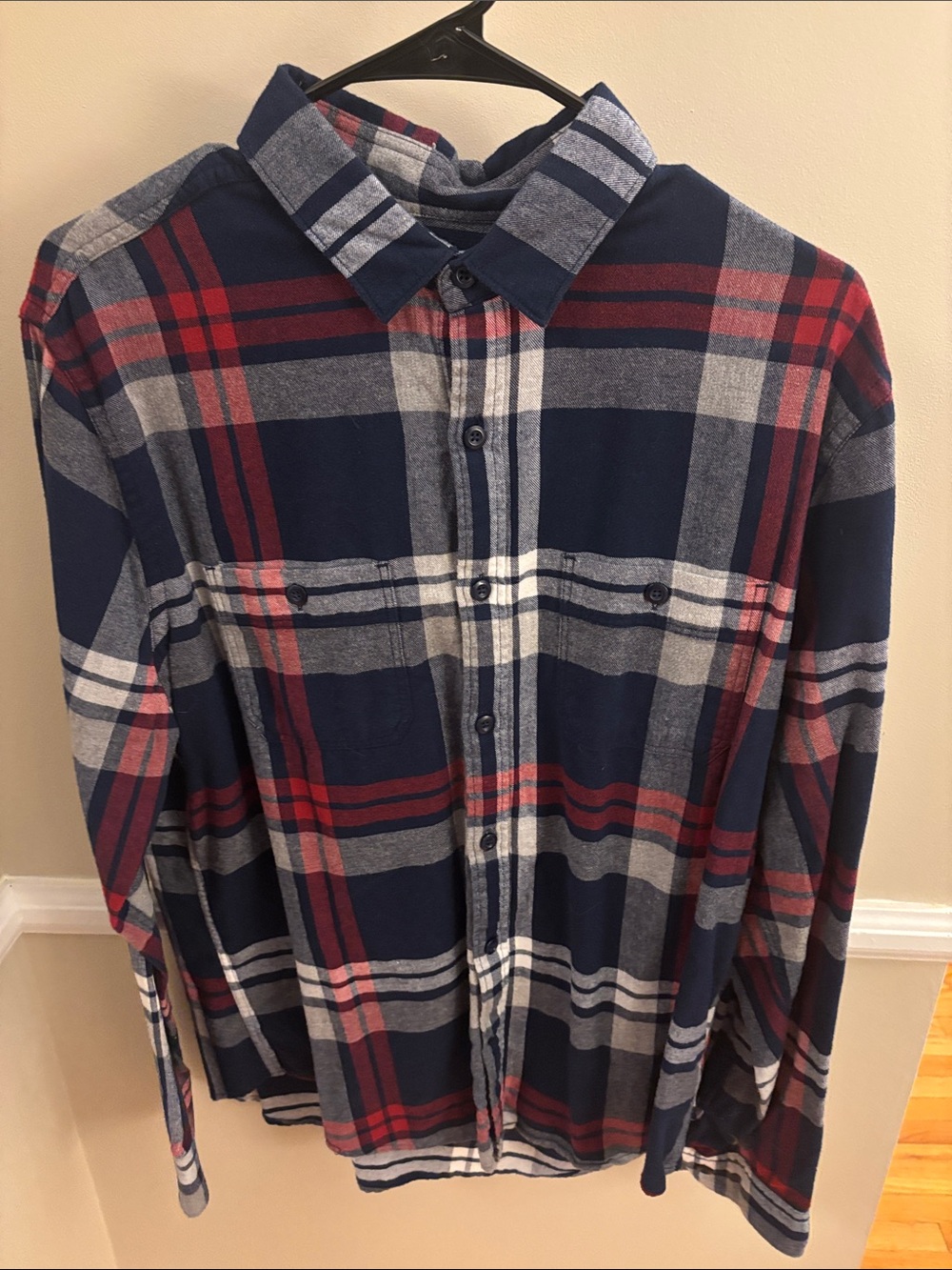 Express Navy, Red and Gray Plaid Button-Down Shirt